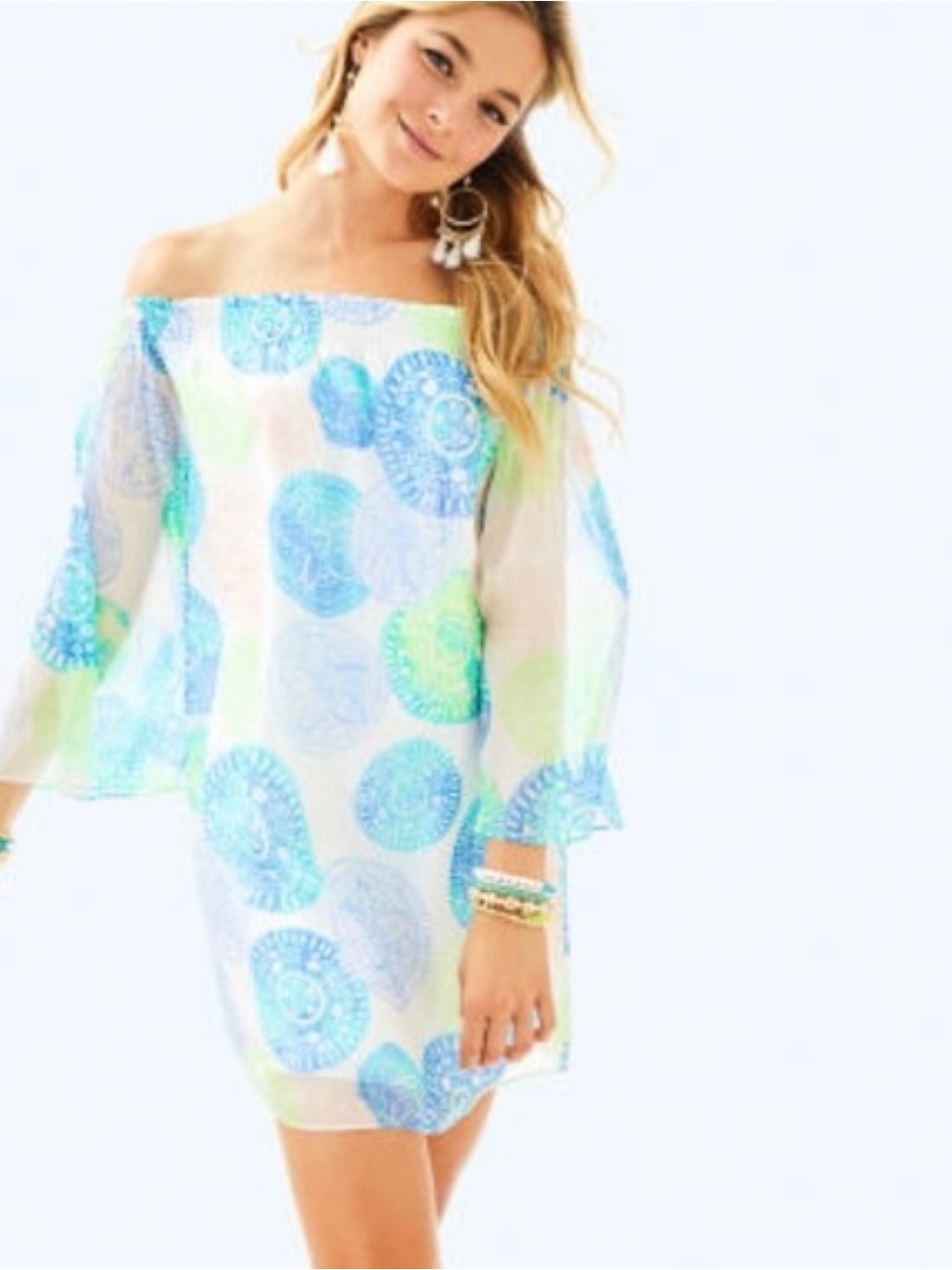 Lilly Pulitzer Blue Green Off Shoulder Abi Silk Mini Dress Medium